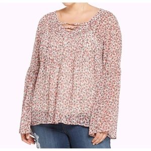 Torrid Ditsy Floral Chiffon lace Up Blouse Top Bell Sleeves Cottagecore Fairy